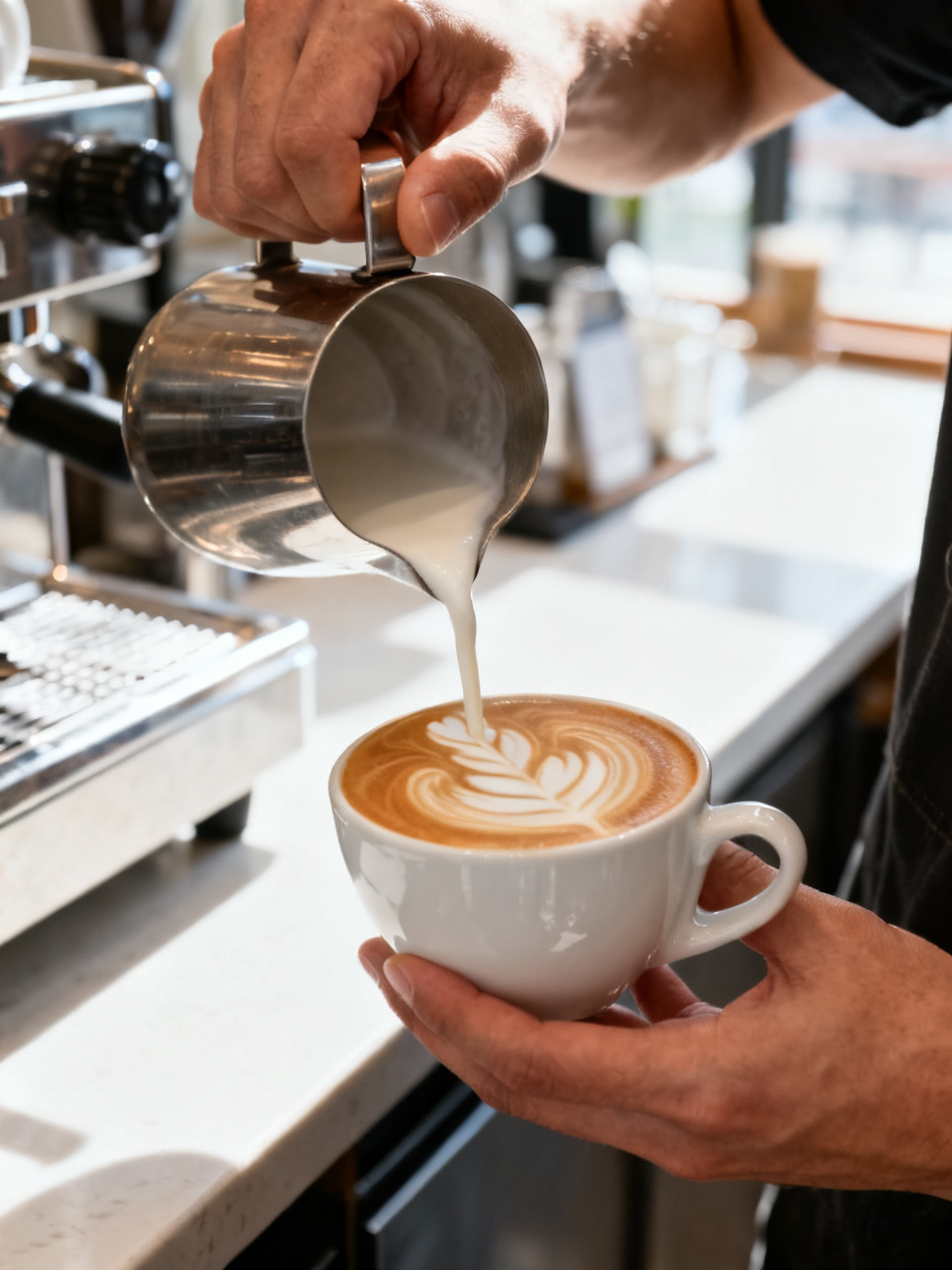 Barista abocant la llet per fer art latte en una tassa blanca