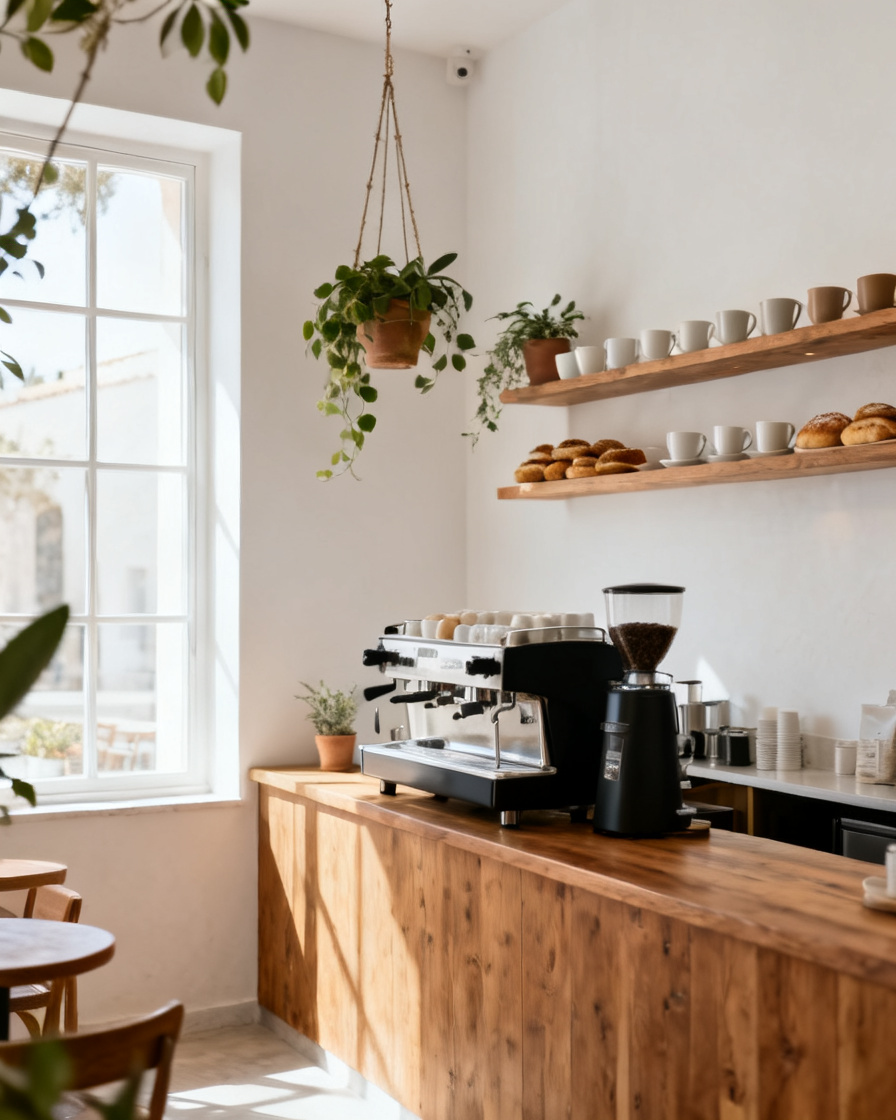 Interior càlid del Cafè del Sol amb barra de fusta, plantes i llum natural