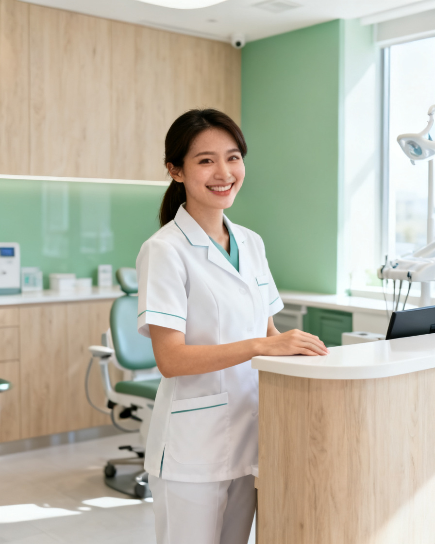Recepcionista de la Clínica Dental Marés rebent els pacients amb un somriure