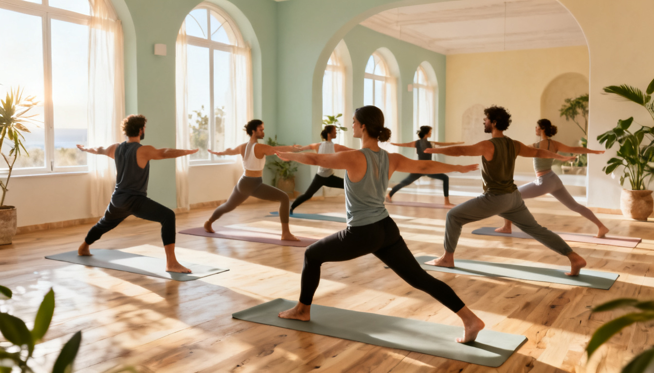 Classe de vinyasa ioga en grup a l'estudi amb llum natural
