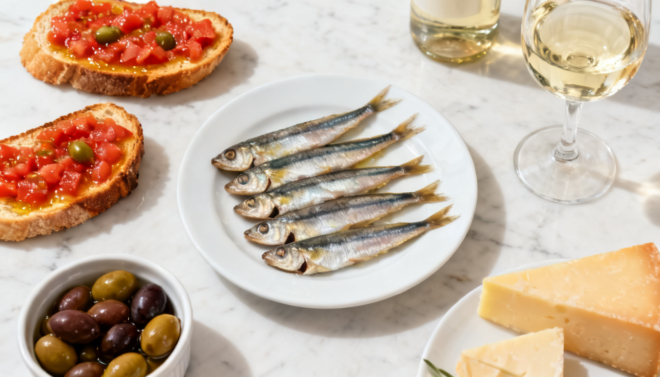 Tapes fresques: pa amb tomàquet, anxoves, olives i formatge