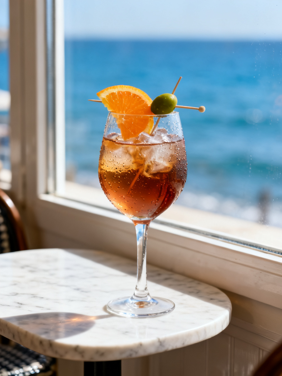 Copa de vermut amb taronja i oliva davant del mar